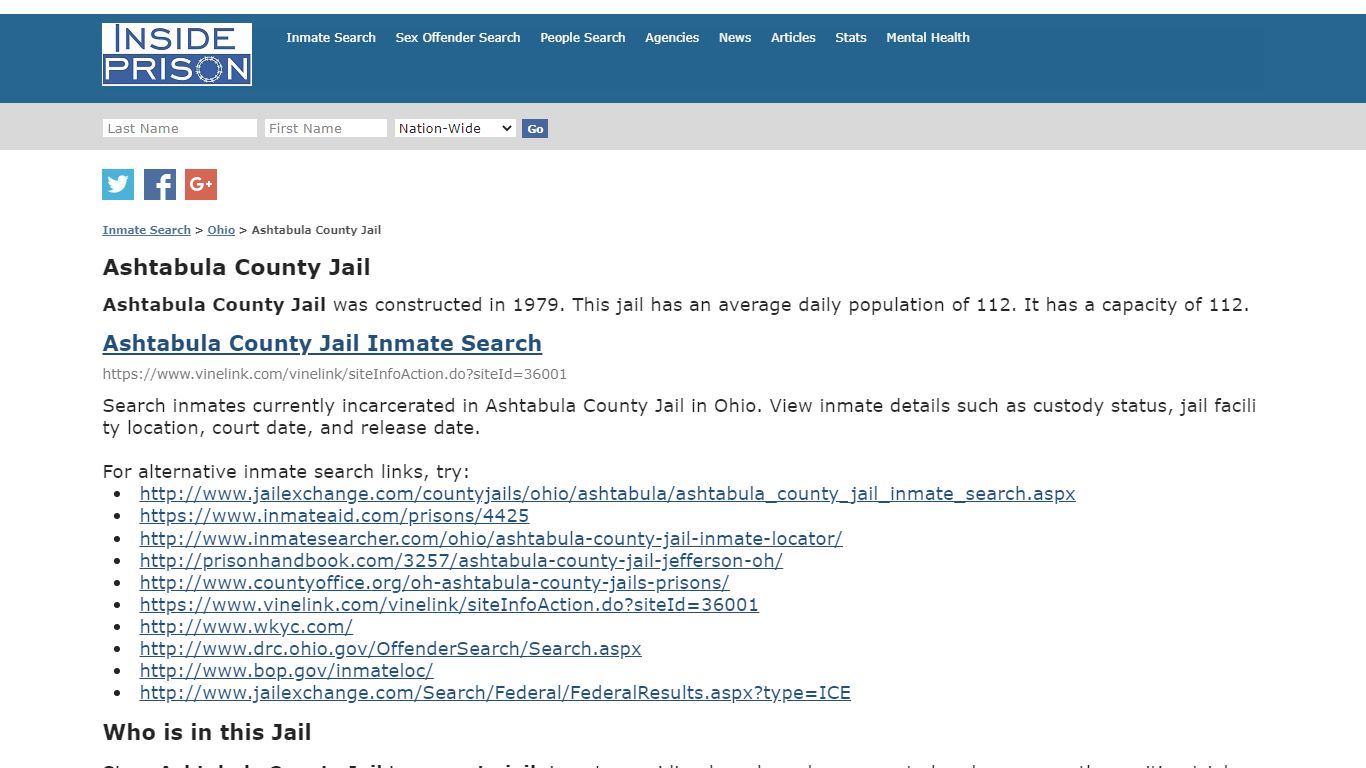 Ashtabula County Jail - Ohio - Inmate Search